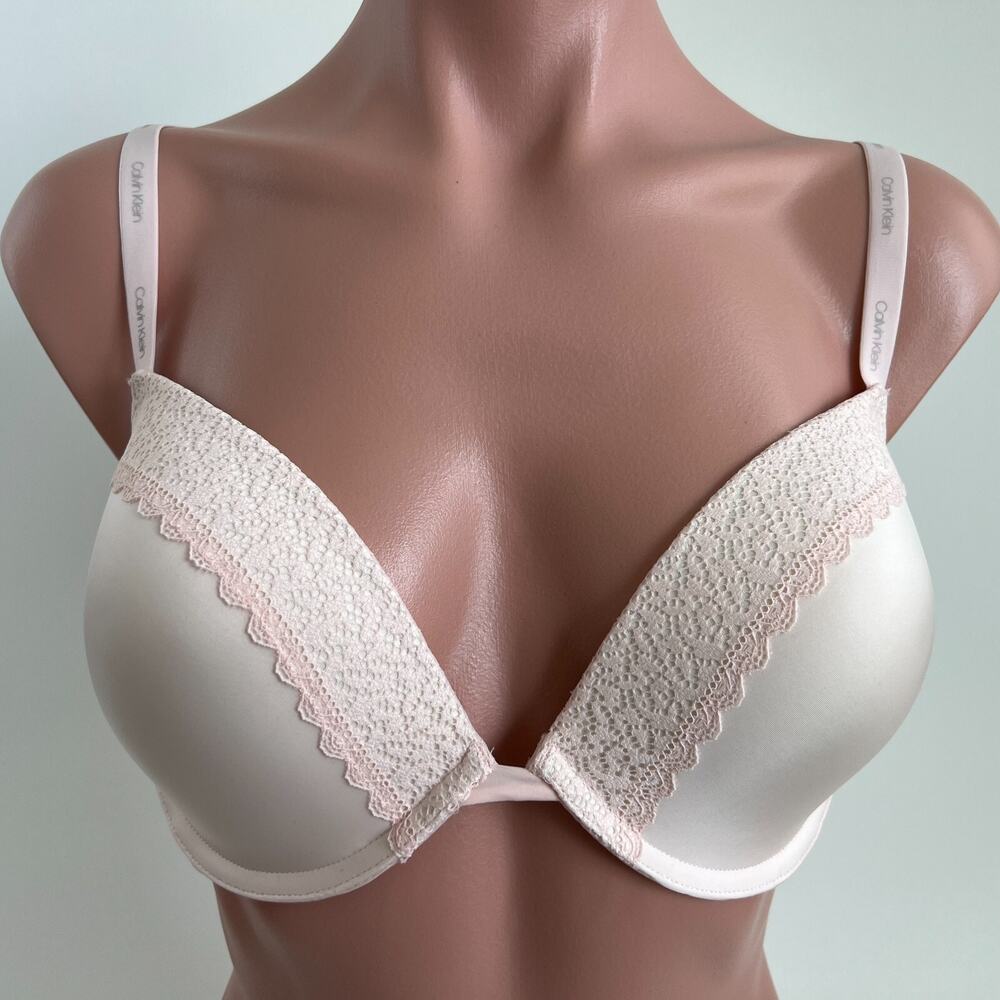 Calvin Klein Flirty Lace Trim Push Up Plunge Bra Pink Sz 38DD NWT QF5145-680